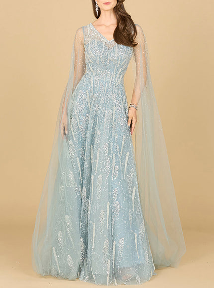 Lace Gown with Cape Sleeves and V-neckline