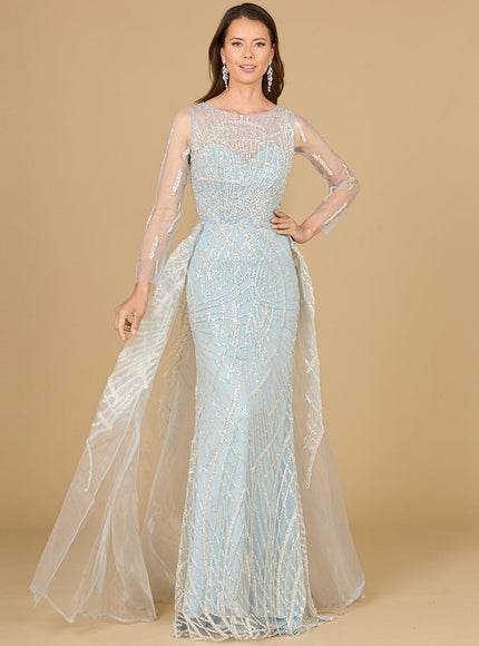 Long Sleeve Lace Gown with Tulle Overskirt Frost