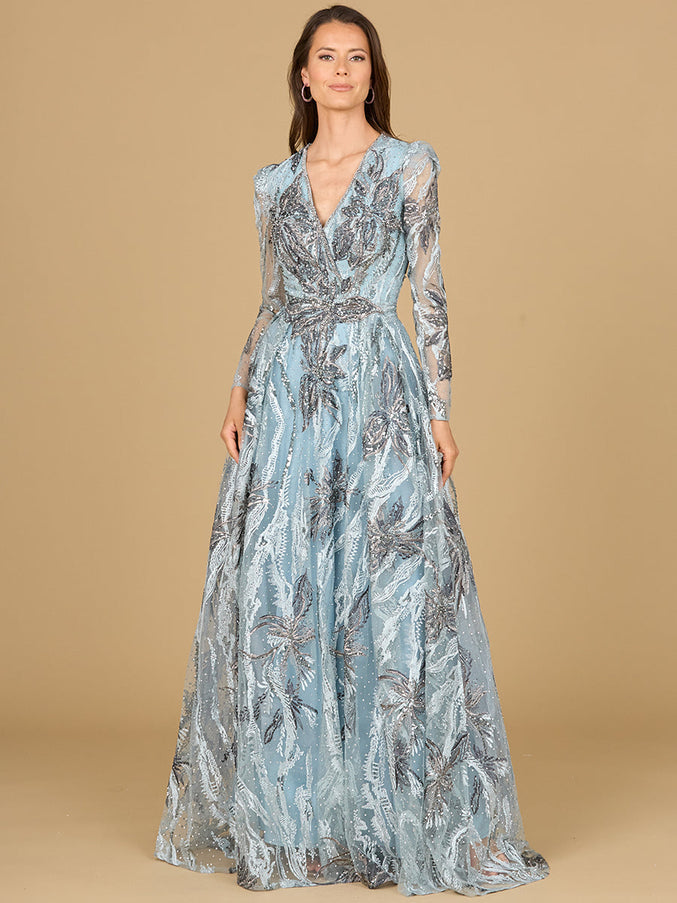 Long Sleeve V-Neck A-Line Gown Slate