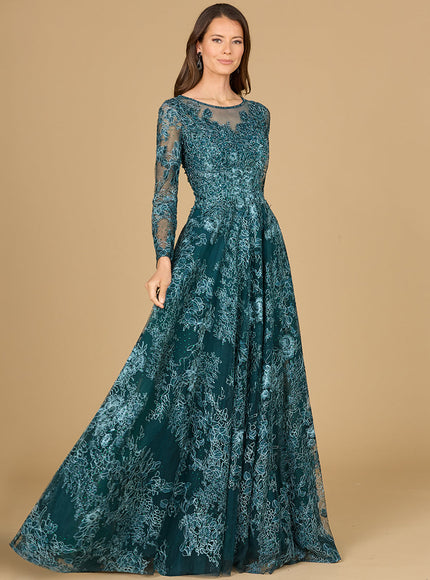 Long Sleeve, Illusion Neck Gown Green