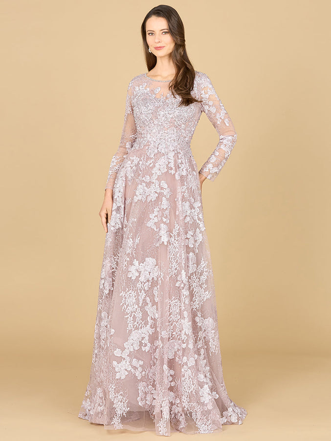 Lara New York 29148 Long Sleeve Illusion Neck Gown Mauve