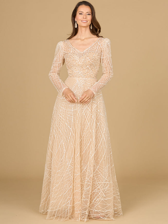Long Sleeve V-Neck Ballgown Champagne