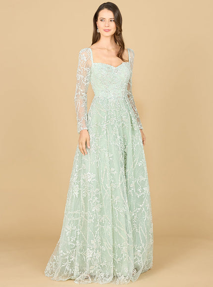 Long Sleeve Beaded Lace Gown Dusty Sage