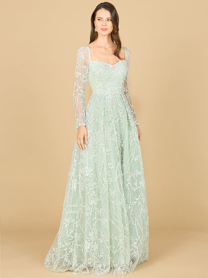 Long Sleeve Beaded Lace Gown Dusty Sage