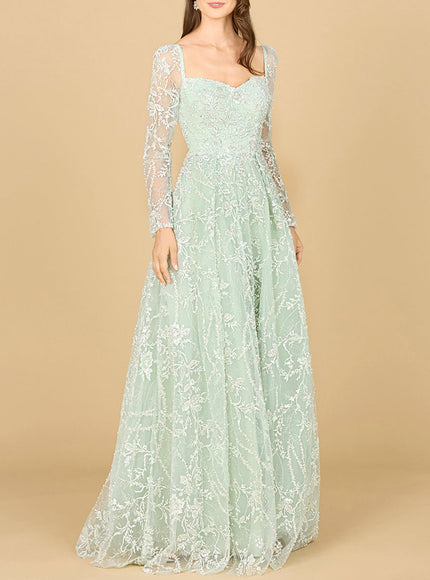 Long Sleeve Beaded Lace Gown