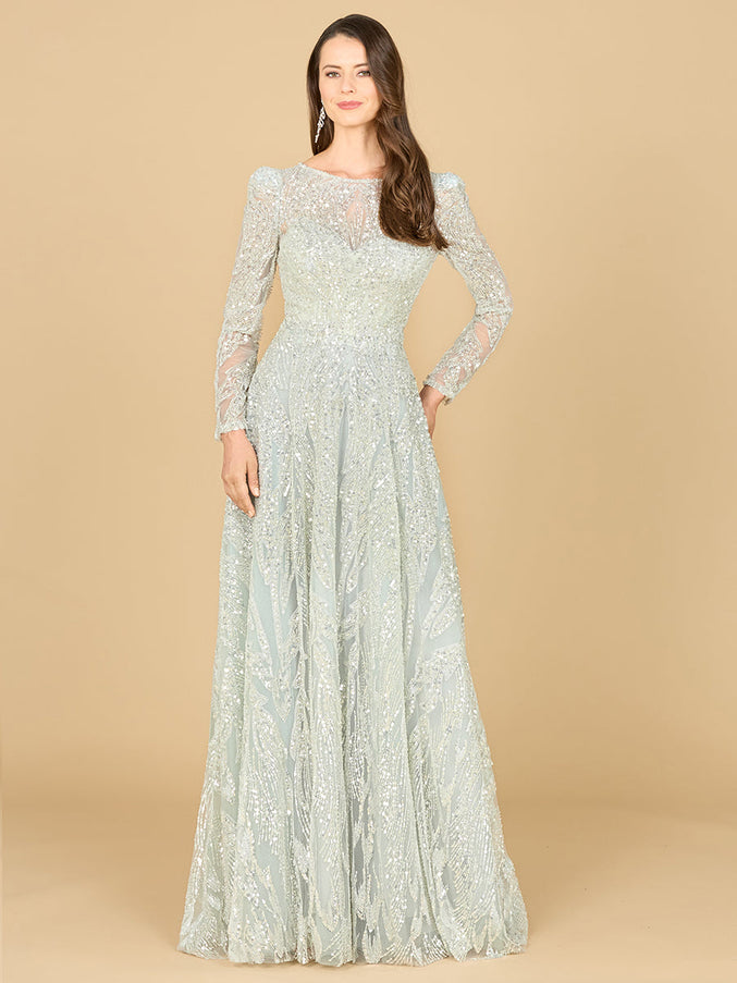 Long Sleeve Beaded Lace Gown Frost