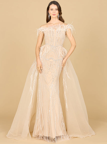Off Shoulder Gown with Feathers Champagne