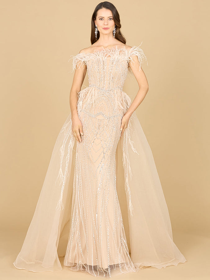 Lara Off Shoulder Gown with Feathers Champagne