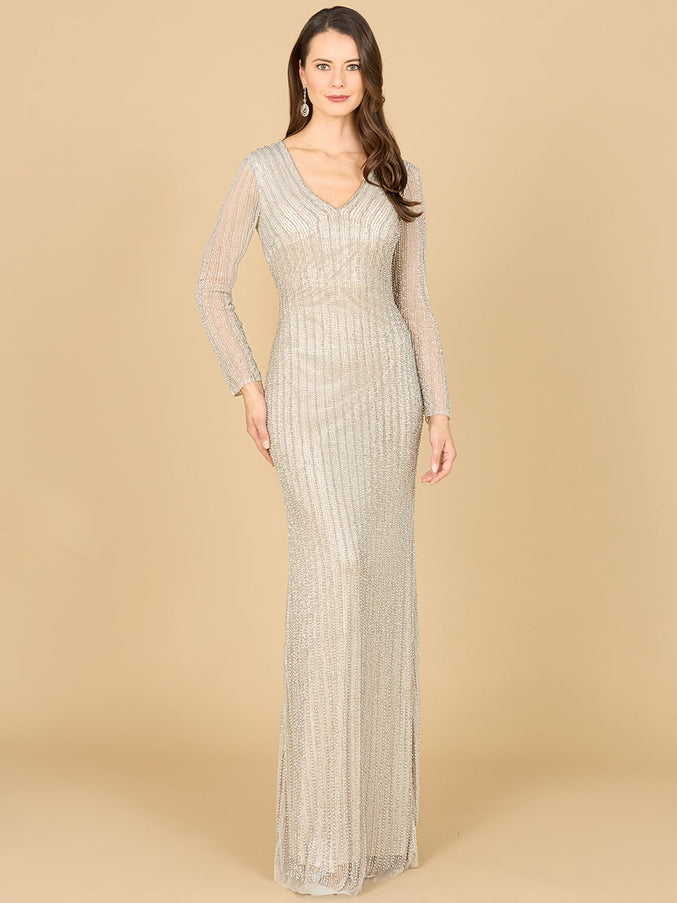 Classic V-Neck Beaded Long Sleeve Gown