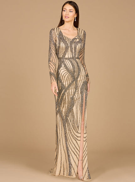 Cascading Beads Long Sleeve Dress Nude