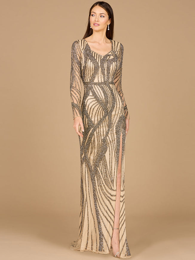 Cascading Beads Long Sleeve Dress Nude