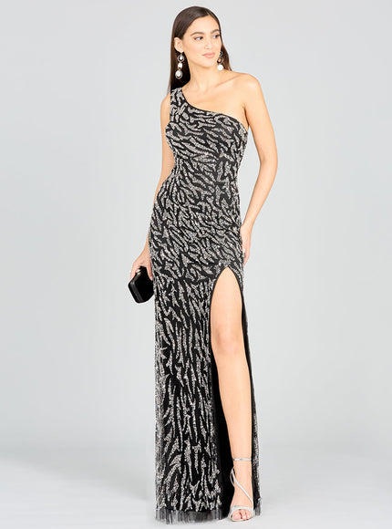 Lara One-Shoulder Beaded Gown with High Slit Black Silver