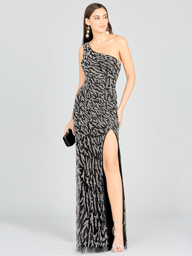 Lara One-Shoulder Beaded Gown with High Slit Black Silver