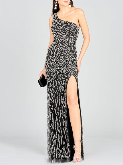 Lara One-Shoulder Beaded Gown with High Slit