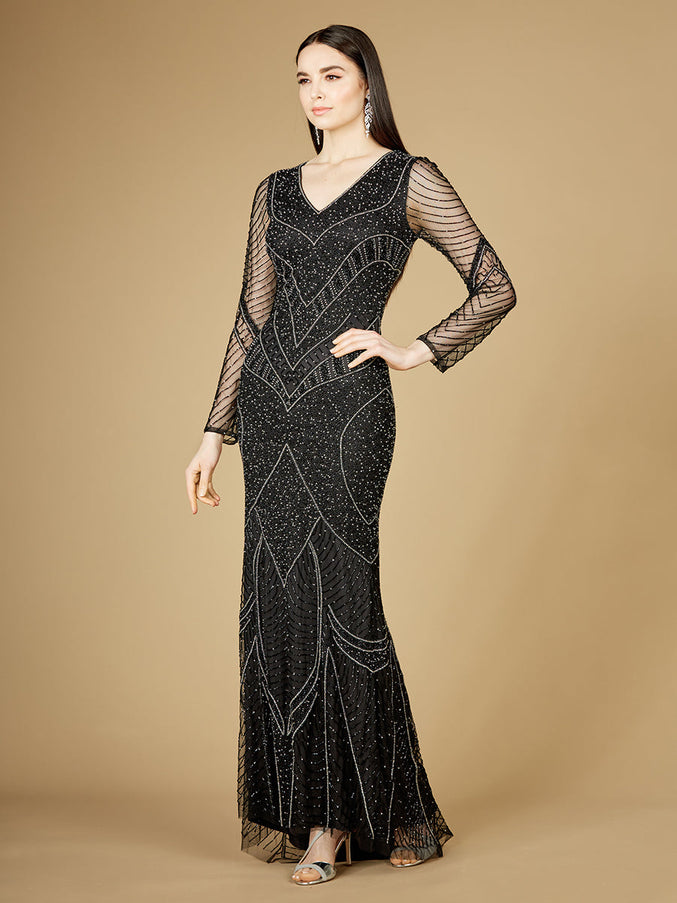 Lara New York 29173 Long Sleeve Beaded Dresses with Sheer Sleeves Black