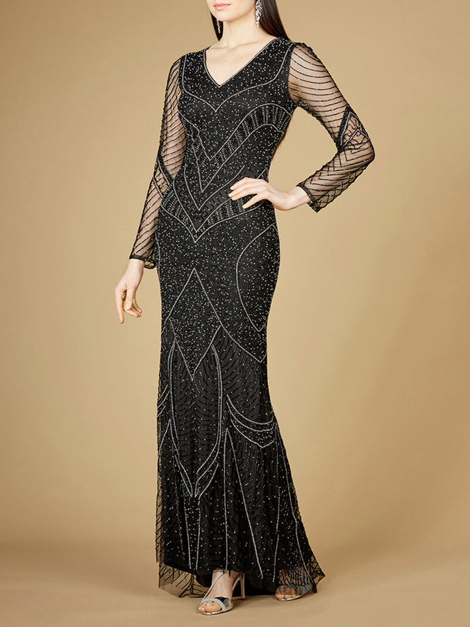 Lara New York 29173 Long Sleeve Beaded Dresses with Sheer Sleeves