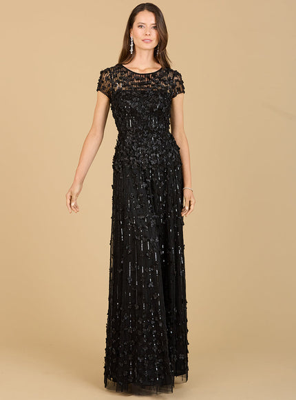 3D Floral Embellished Cap Sleeve Gown