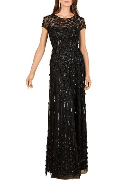 3D Floral Embellished Cap Sleeve Gown Black