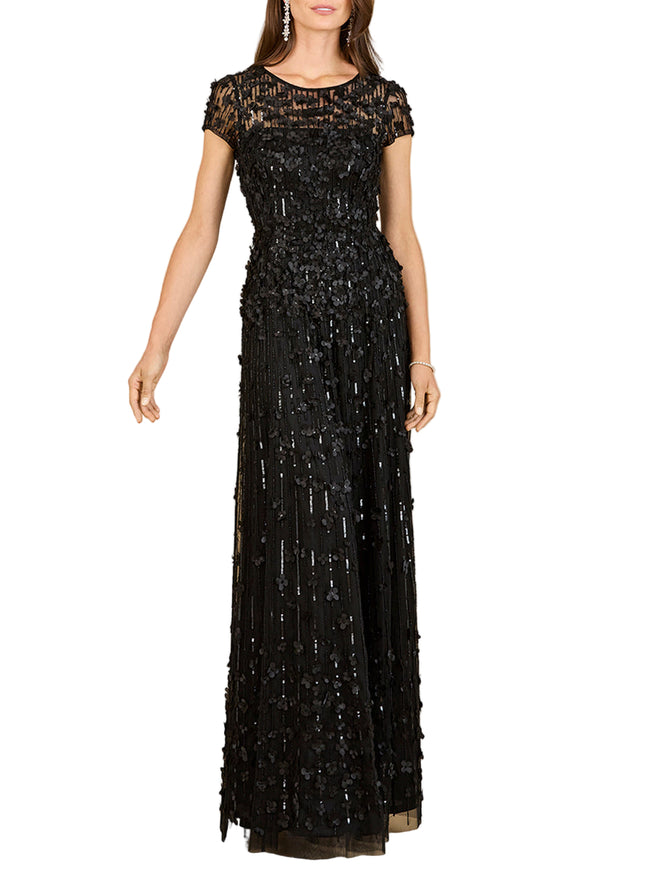 3D Floral Embellished Cap Sleeve Gown Black