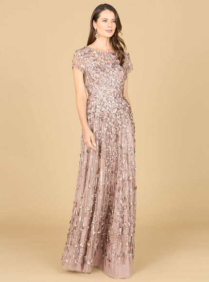 3D Floral Embellished Cap Sleeve Gown Dark Taupe