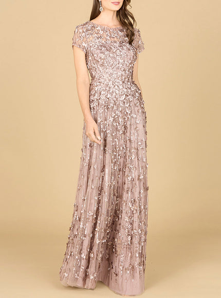3D Floral Embellished Cap Sleeve Gown
