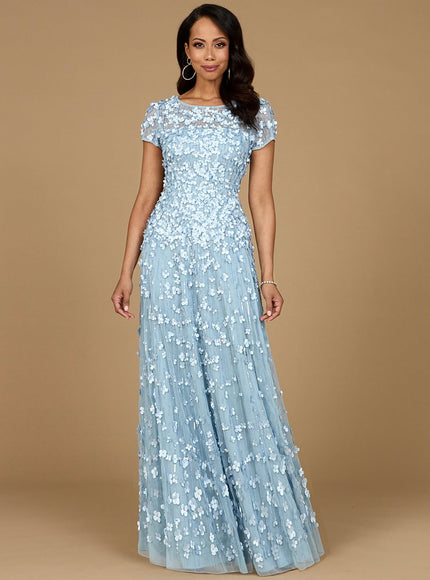 3D Floral Embellished Cap Sleeve Gown Periwinkle