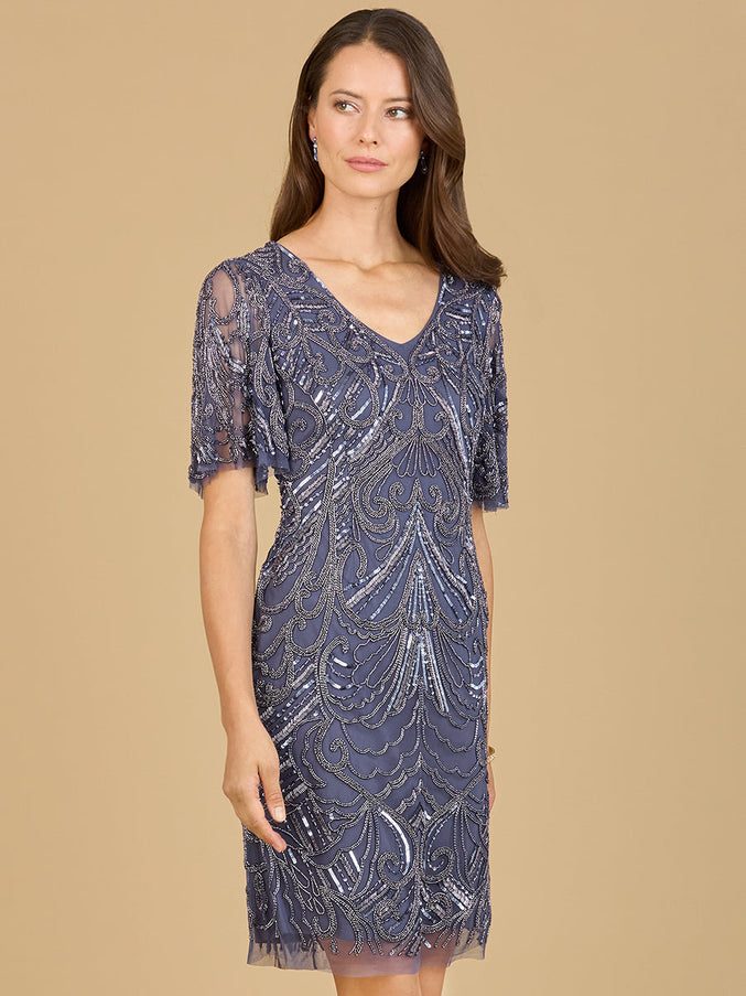 Lara New York 29182 Beaded Cocktail Dress with Short Sleeves Amethyst