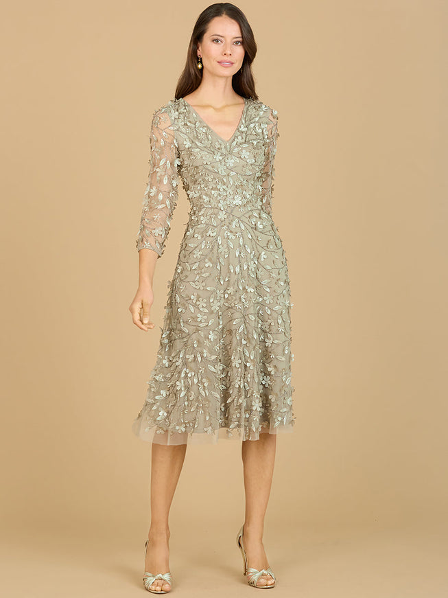 Flowing, 3D Embroidered Midi Dress with Sleeves Olive