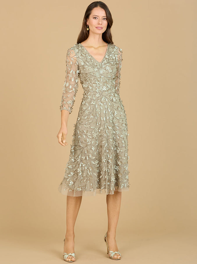 Lara New York 29184 Flowing 3D Embroidered Midi Dress with Sleeves Olive