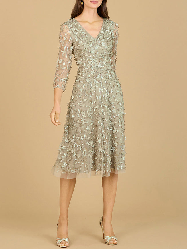 Flowing, 3D Embroidered Midi Dress with Sleeves