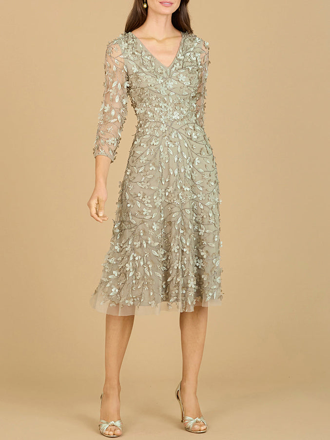 Lara New York 29184 Flowing 3D Embroidered Midi Dress with Sleeves
