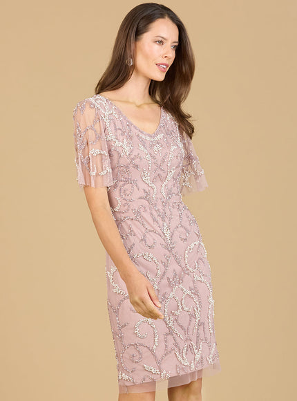 Beaded Short Dress with Cape Sleeves - OUTLET Dusty Rose
