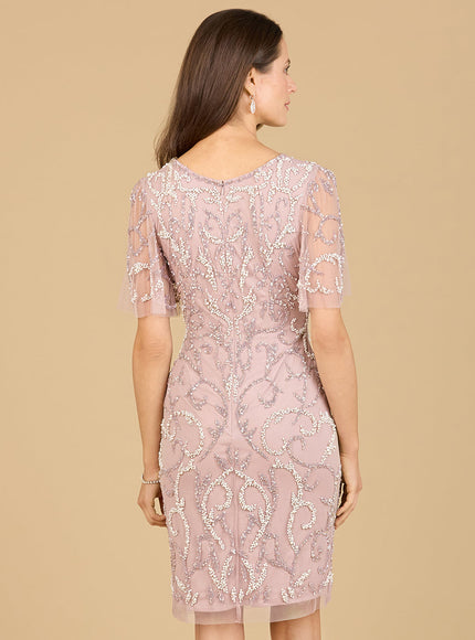 Beaded Short Dress with Cape Sleeves - OUTLET