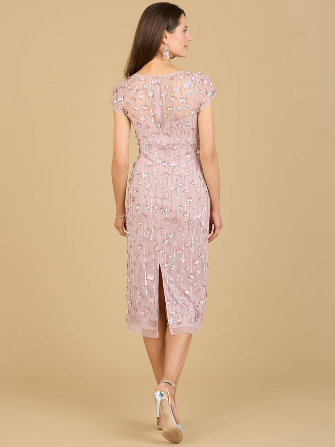 3D Applique Midi Dress with Cap Sleeves