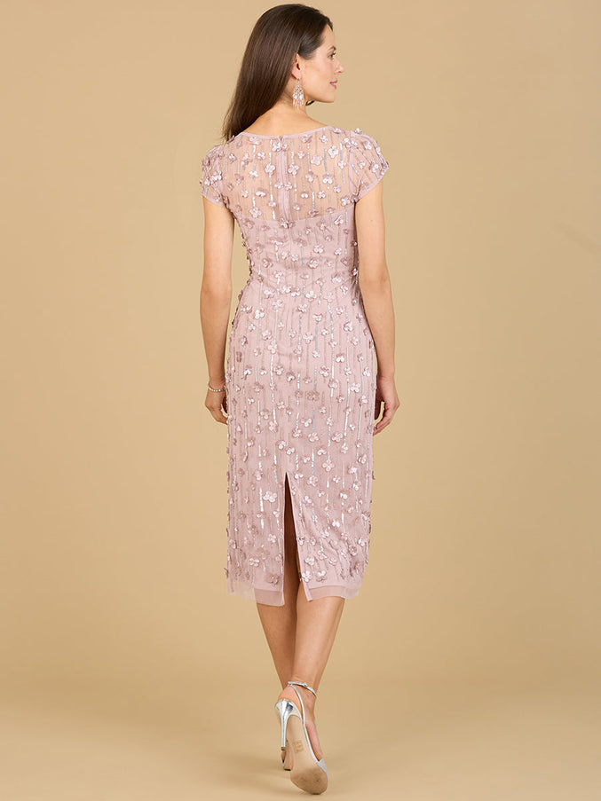 3D Applique Midi Dress with Cap Sleeves