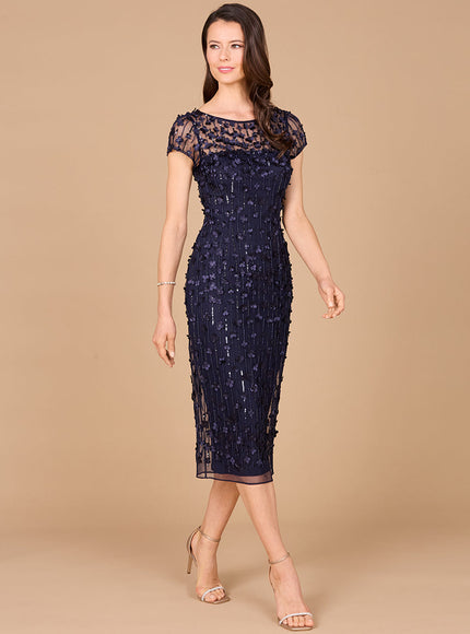 3D Applique Midi Dress with Cap Sleeves Navy