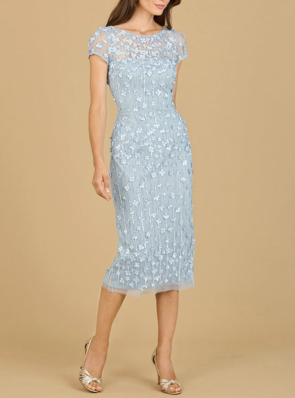 3D Applique Midi Dress with Cap Sleeves Periwinkle