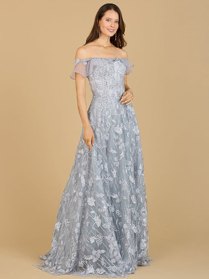 Flutter Off Shoulder Lace Gown Slate