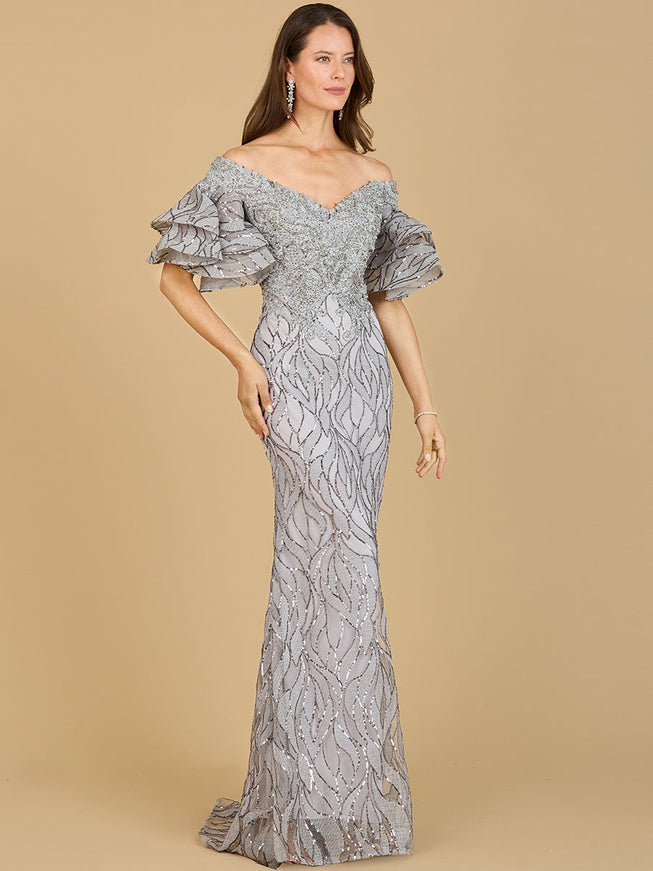 Lara Off Shoulder Mermaid Beaded Gown Grey