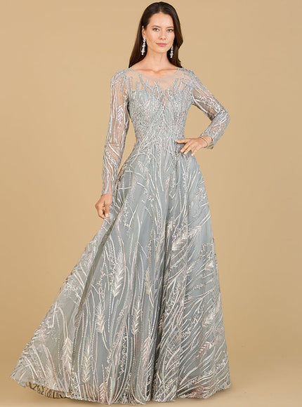 Long Sleeve Illusion Neck Gown Silver Sage