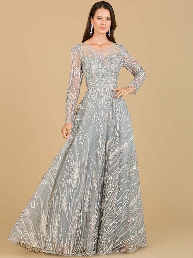 Lara New York 29192 Long Sleeve Illusion Neck Gown Silver Sage