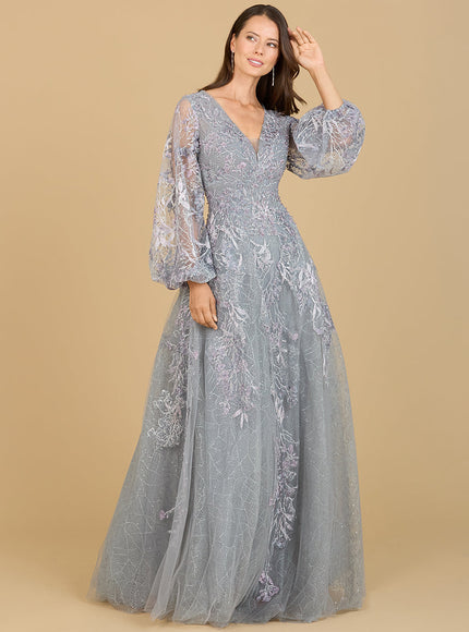 V Neckline Balloon Sleeve Gown Dusk