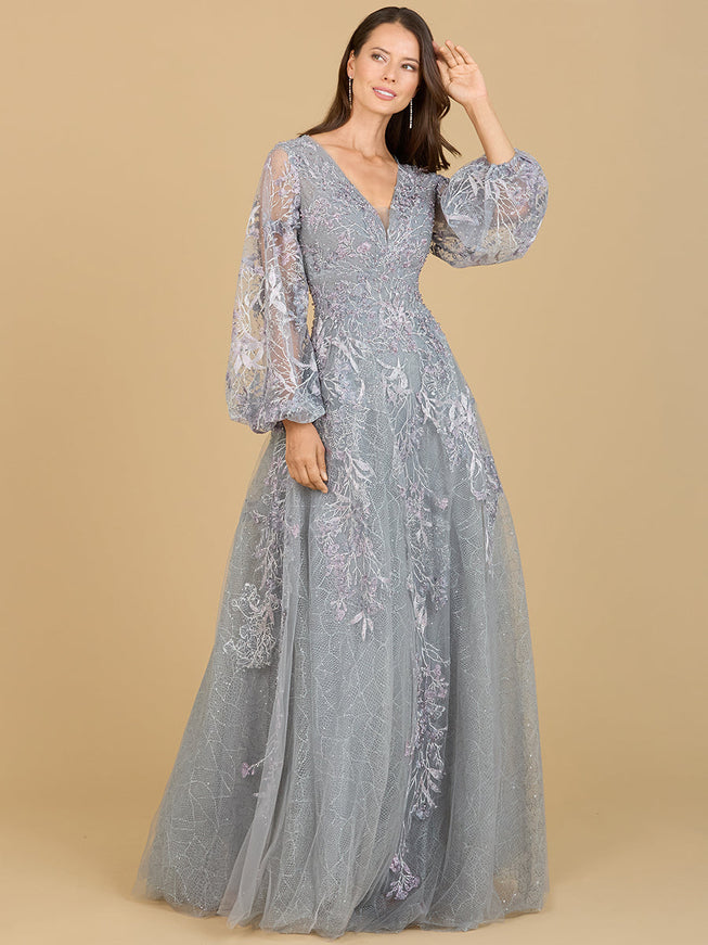 V Neckline Balloon Sleeve Gown Dusk