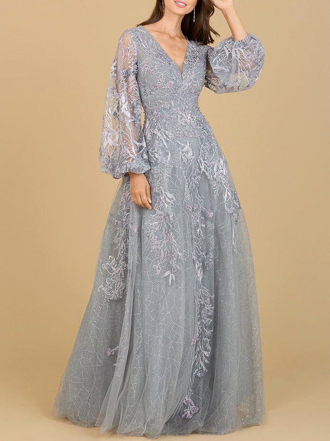 Lara New York 29195 V Neckline Balloon Sleeve Gown