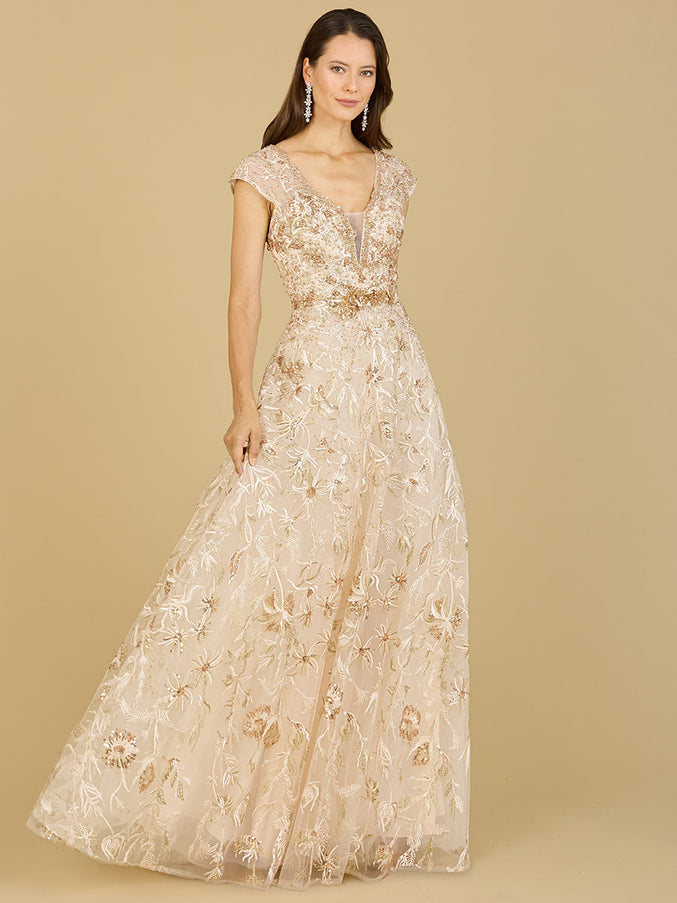 Lace Embellished A-Line Dress Champagne