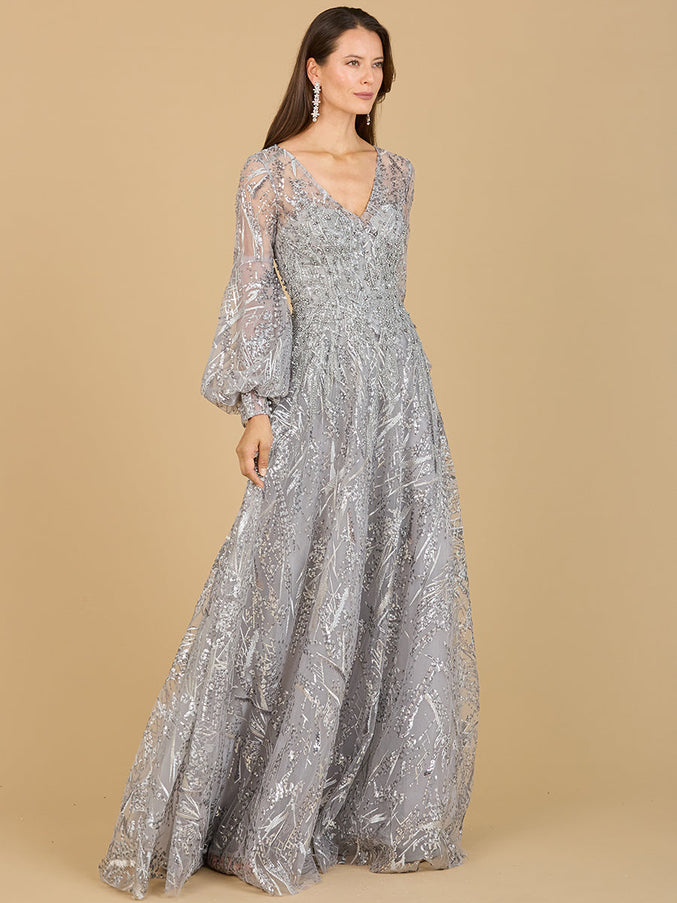 V Neckline Long Sleeve Gown Grey