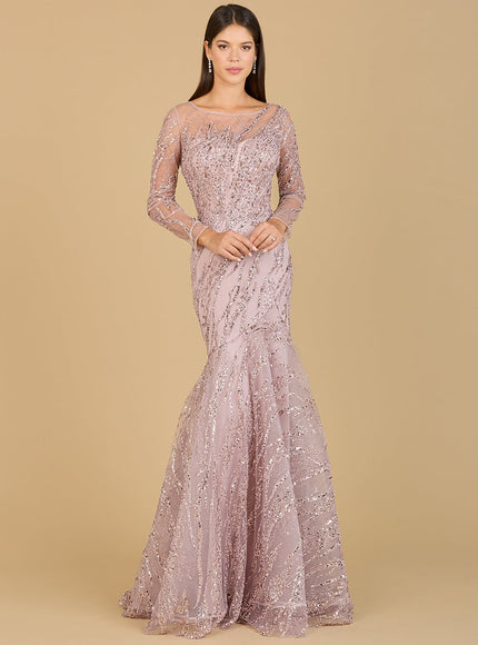 Lara Long Sleeve Mermaid Beaded Gown Rose
