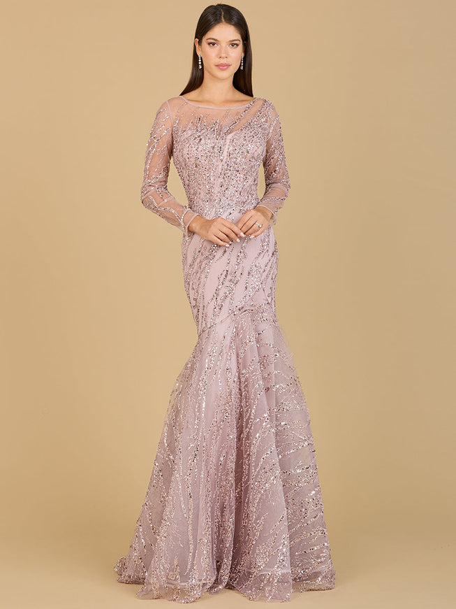 Lara Long Sleeve Mermaid Beaded Gown Rose