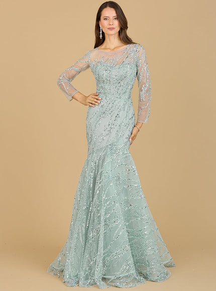 Lara Long Sleeve Mermaid Beaded Gown Seafoam