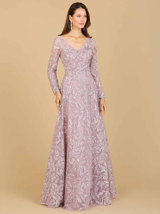A-line Gown With Long Sleeves, V-Neckline Mauve